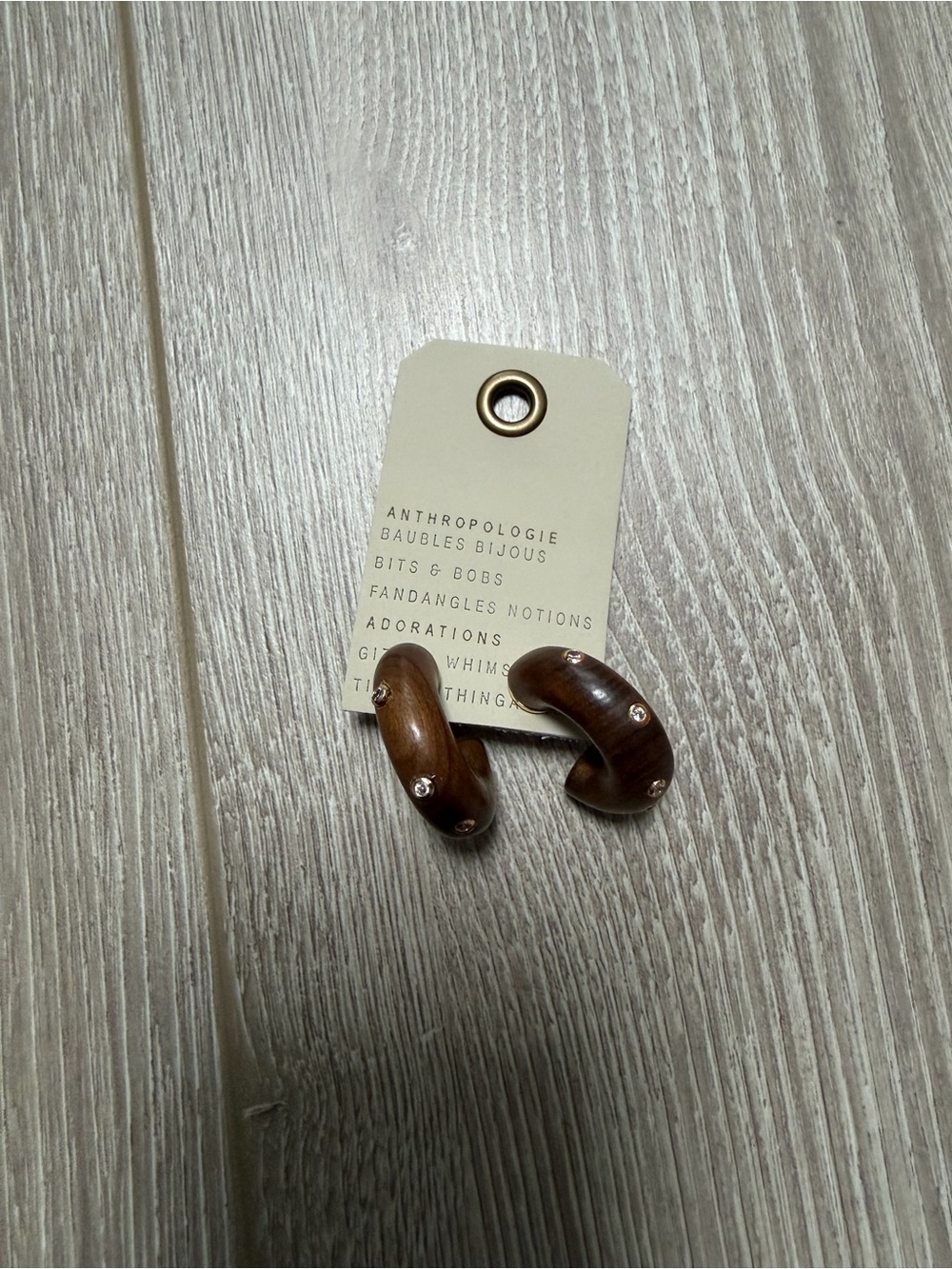 Anthropologie Shimmered Wood Hoop Earrings lightweight sparkle beachy gold - Picture 3 of 5